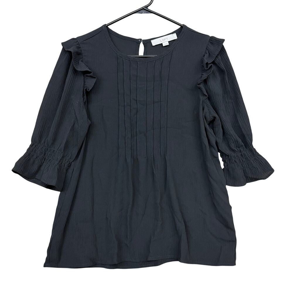 Ann Taylor LOFT Womens Blouse Black 3/4 Sleeve Pleated Ruffles Keyhole Small